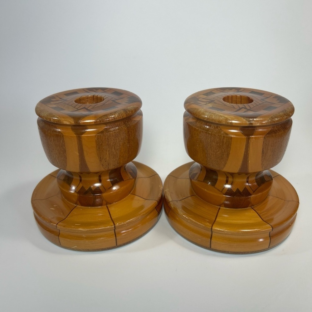 Hand turned wooden candle stick holders lacquered signed